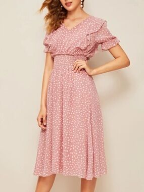 🎀 Coquette Romantic Dusty Rose Smocked Picnic Midi Dress Flutter Sleeve Sz M